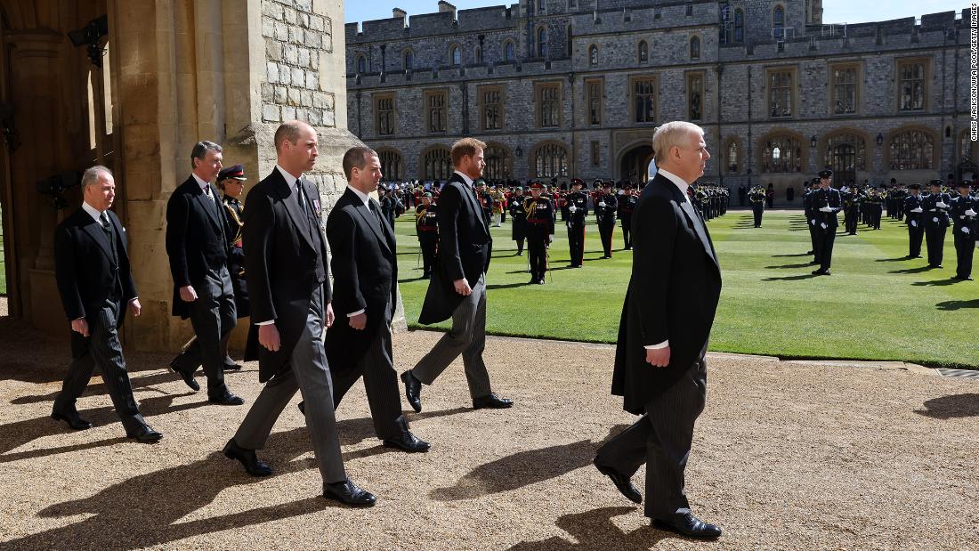 Members of the royal family walk behind Philip&#39;s coffin during the procession to St. George&#39;s Chapel. At right is Philip&#39;s son Prince Andrew. Behind Andrew are Philip&#39;s grandsons Prince William, Peter Phillips and Prince Harry.