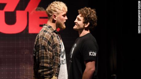 Jake Paul and Ben Askren face off during a news conference for Triller Fight Club&#39;s inaugural 2021 boxing event at The Venetian Las Vegas on March 26 in Las Vegas, Nevada.