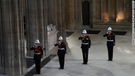 The end of the funeral was marked by the Buglers of the Royal Marines sounding &quot;Action Stations,&quot; an announcement that would traditionally be made on a naval warship to signify that all hands should go to battle stations.