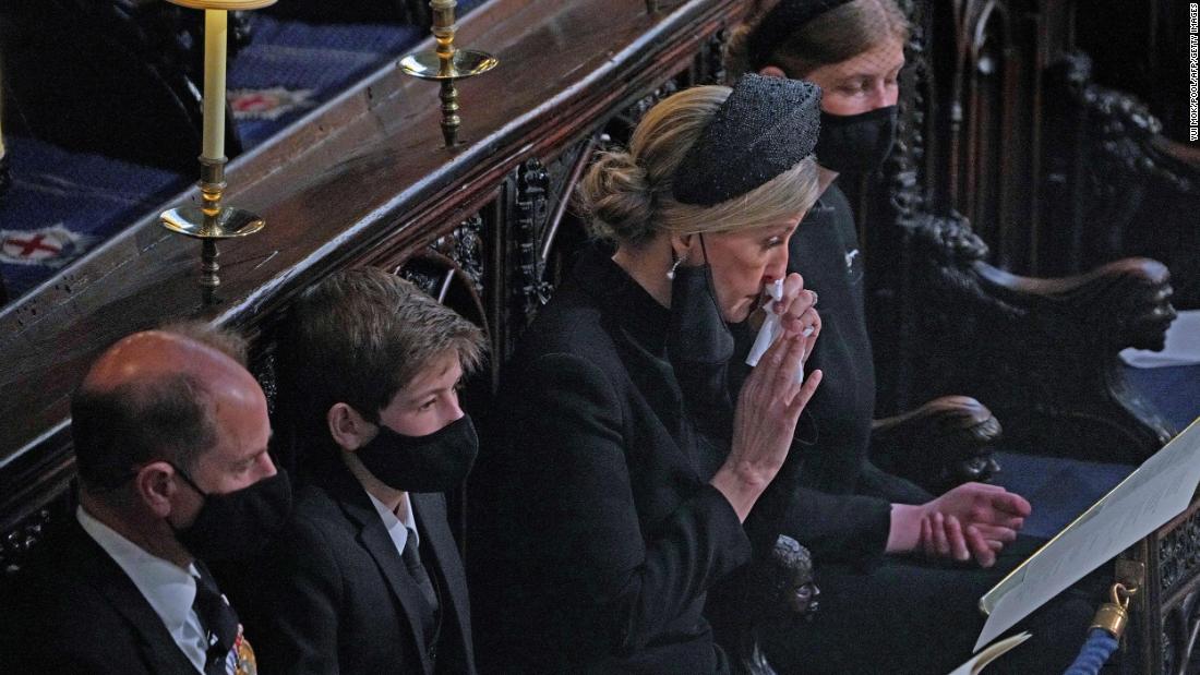 Prince Edward sits with his wife, Sophie, the Countess of Wessex, and their two children, James and Louise, during the funeral.