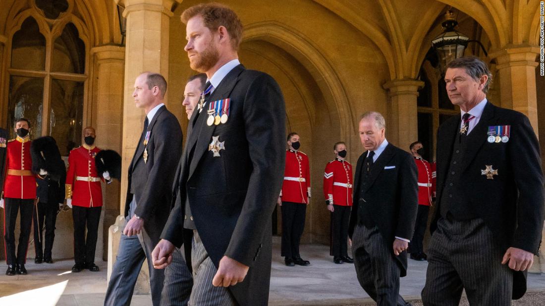 From left, Philip&#39;s grandsons Prince William, Peter Phillips and Prince Harry walk behind his coffin during the funeral procession. Behind them are the Earl of Snowdon David Armstrong-Jones and Vice Admiral Sir Timothy Laurence. Armstrong-Jones is the son of the Queen&#39;s late sister Margaret. Laurence is Princess Anne&#39;s husband. After the funeral, Prince William and Prince Harry &lt;a href=&quot;https://www.cnn.com/2021/04/17/uk/william-harry-philip-funeral-intl-gbr-scli/index.html&quot; target=&quot;_blank&quot;&gt;were seen chatting and walking together.&lt;/a&gt;
