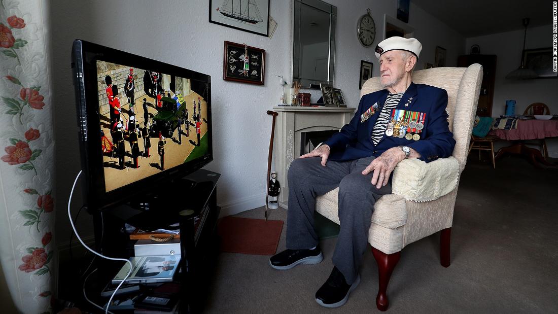 World War II veteran Malcolm Clerc, 94, watches the funeral of the Duke of Edinburgh at his home in Knutsford, Cheshire. 