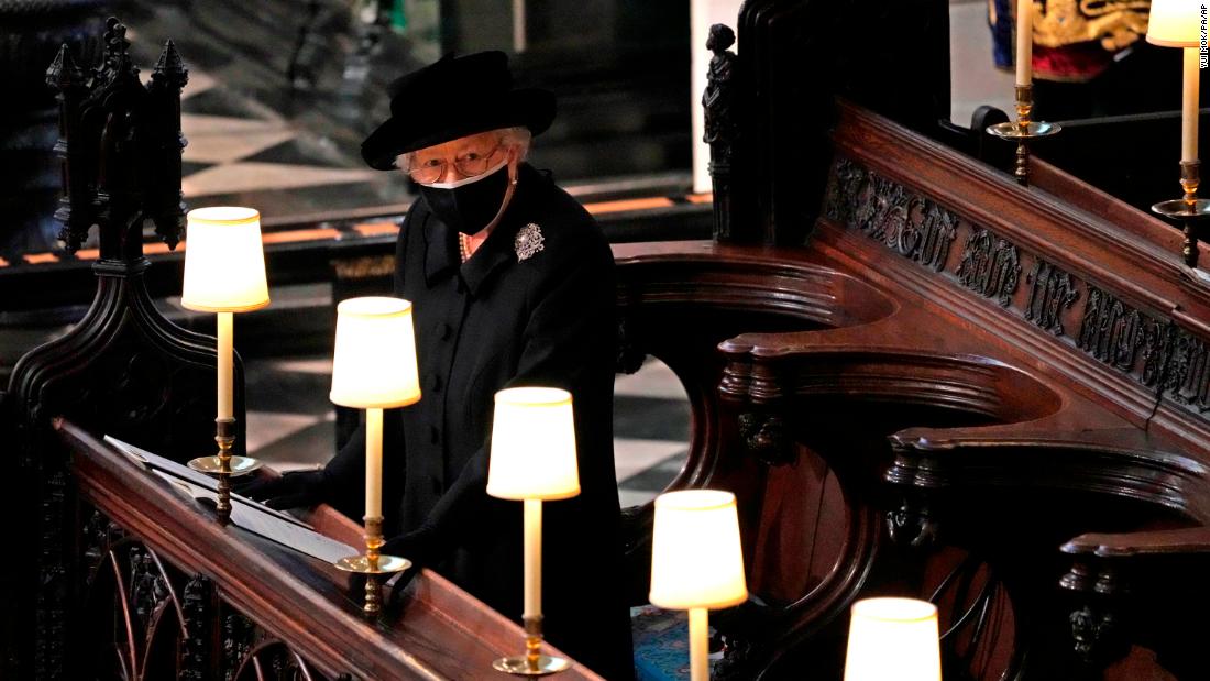 The Queen stands during the funeral. She and Prince Philip were married for 73 years.