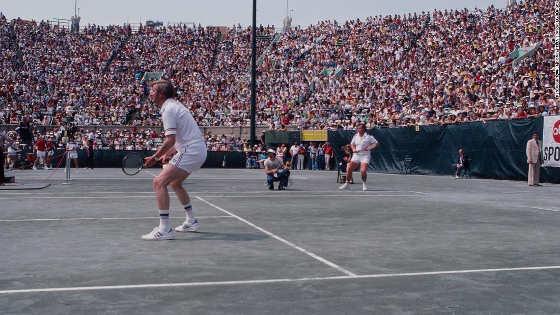 Vice President Mondale and Sen. Ted Kennedy play doubles in the RFK Tennis Tournament on August 26, 1977, in the Queens borough of New York.