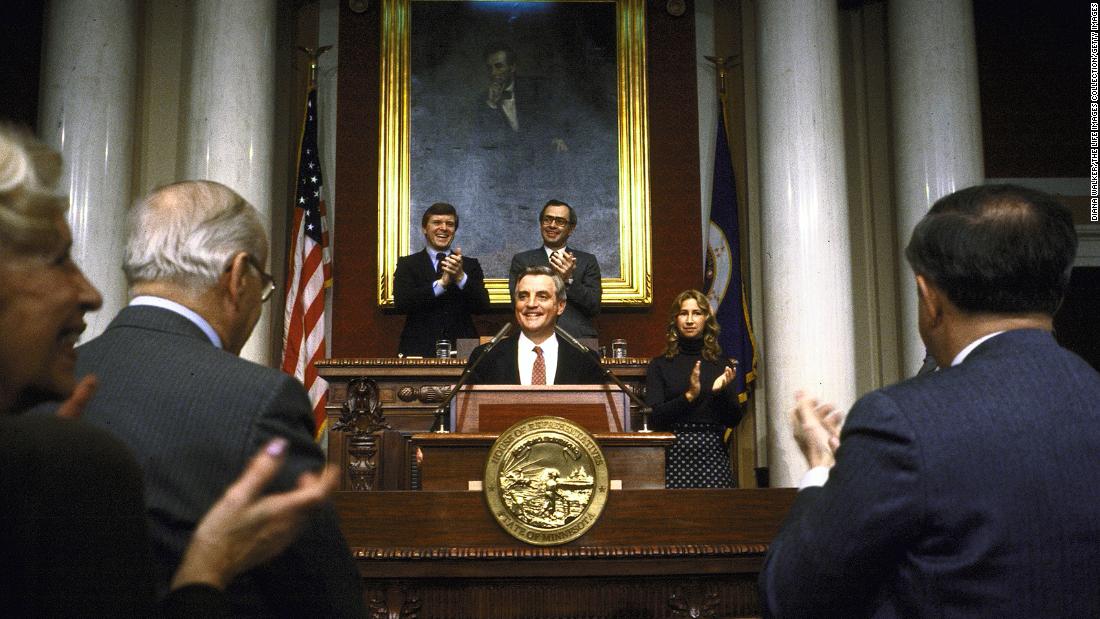 Mondale gives a speech at the Minnesota House Chamber after announcing his candidacy for president in St. Paul on February 1, 1983.