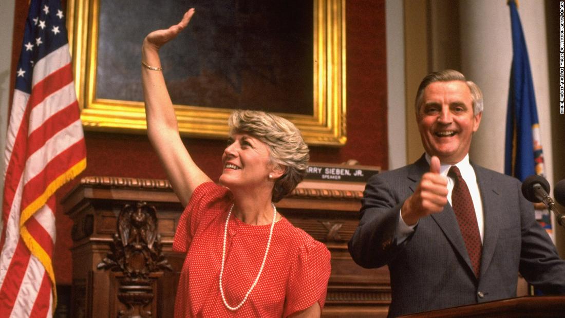 Mondale gives a thumbs up to the camera as Rep. Geraldine Ferraro waves in July 1984. Mondale chose Ferraro as his running mate, making her the first woman vice presidential candidate for a major party.