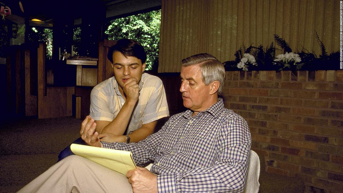 Mondale and his son William work on his acceptance speech ahead of the Democratic National Convention in July 1984.