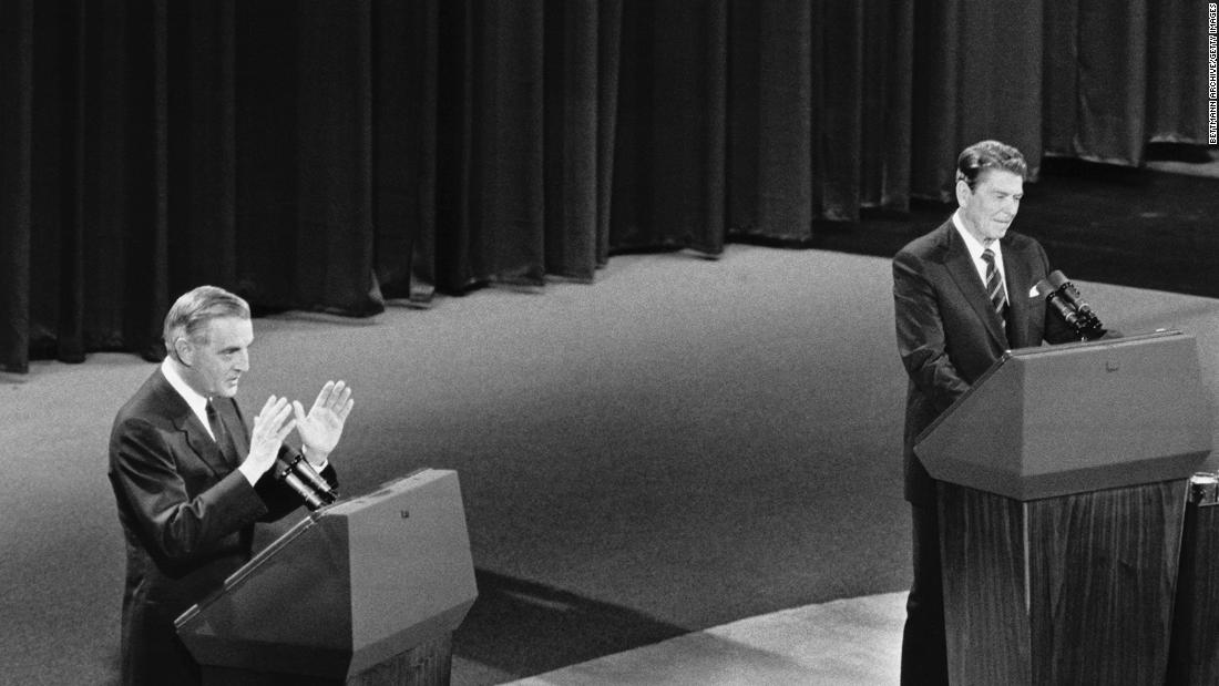 Mondale speaks during a presidential debate with Republican opponent Ronald Reagan in Louisville, Kentucky, on October 7, 1984.