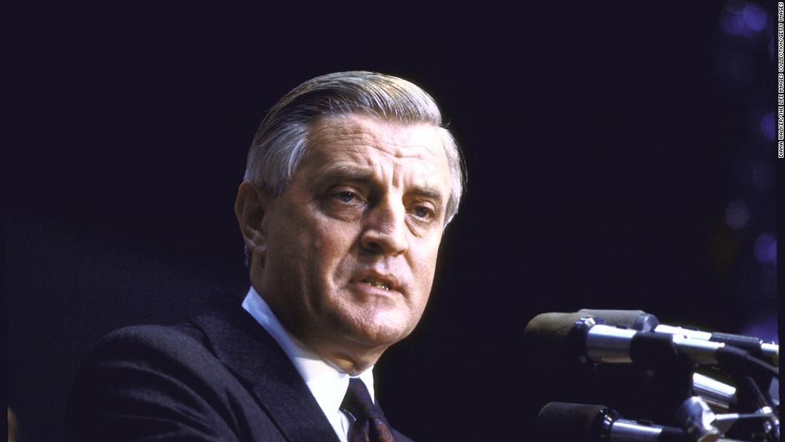 Mondale gives his presidential concession speech on November 6, 1984. He and Ferraro lost to President Ronald Reagan and then-Vice President George H. W. Bush. 