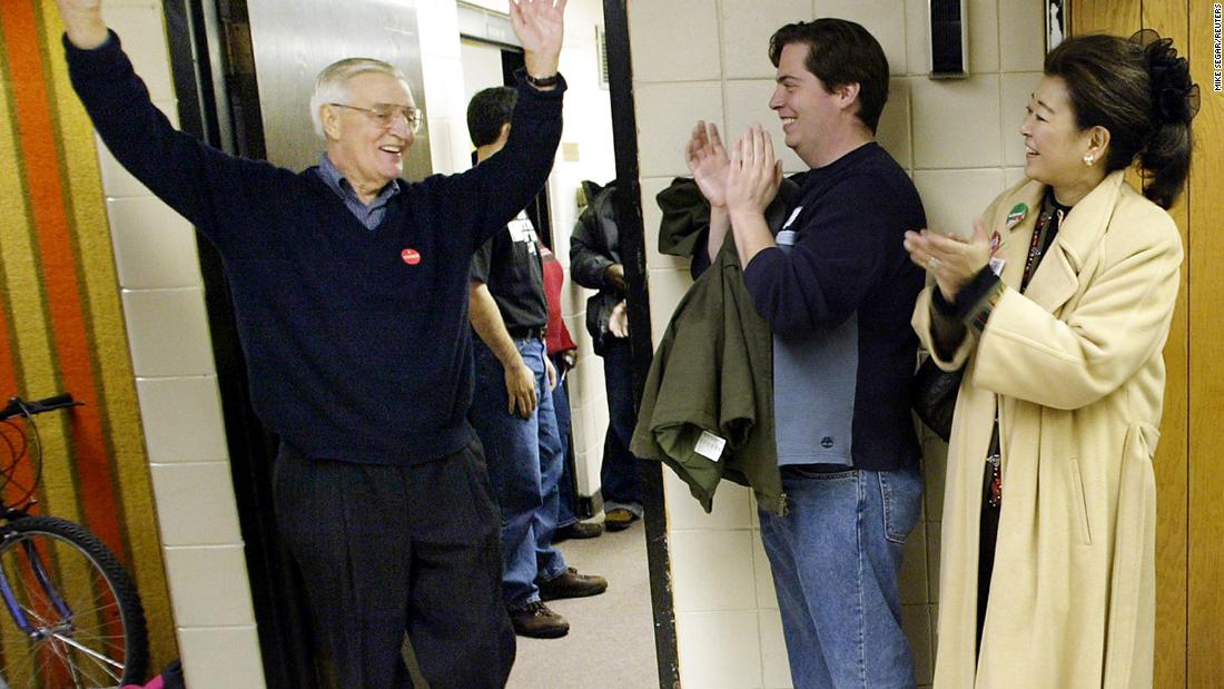 Mondale is cheered on by supporters in downtown Minneapolis on November 5, 2002. Mondale became Minnesota&#39;s Democratic-Farmer-Labor Party candidate for US Senate following the death of Sen. Paul Wellstone. Mondale was defeated by Norm Coleman.