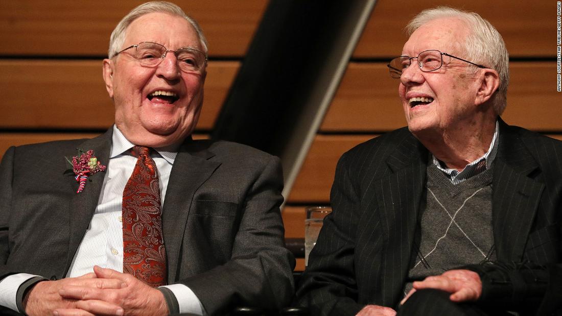 Mondale sits on stage with former President Jimmy Carter during a celebration of Mondale&#39;s 90th birthday on Saturday, January 13, 2018, in Minneapolis.