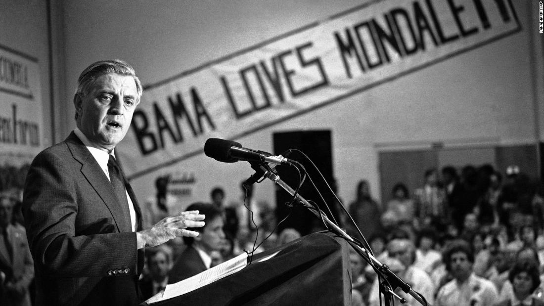 Mondale addresses a citizens&#39; forum in Muscle Shoals, Alabama, on September 22, 1984. Mondale spoke about the embassy annex bombing in Beirut.