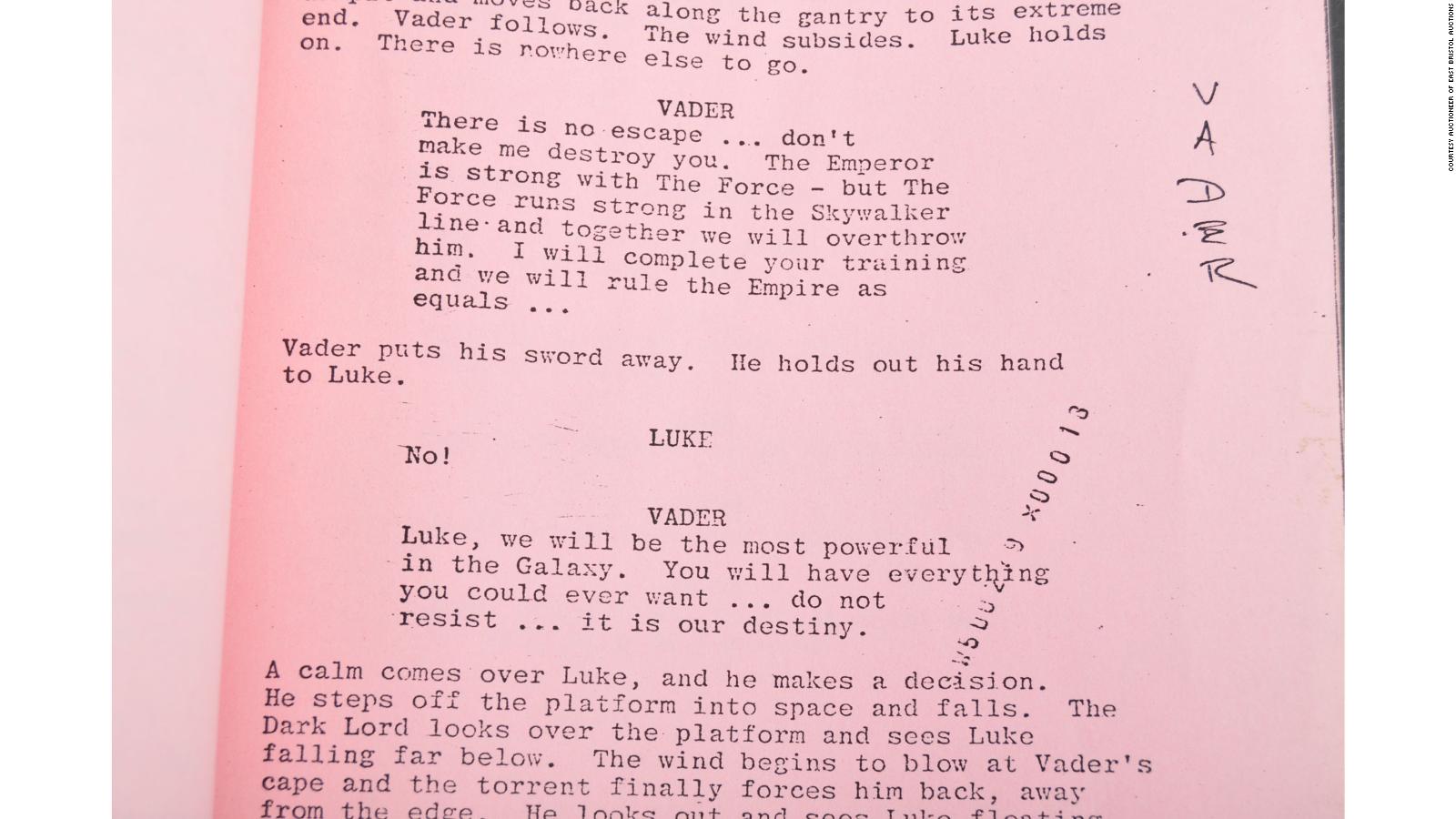Star Wars Script Revealing How Plot Twist Was Kept Secret Sells For 32k Cnn Style - roblox darth vader script