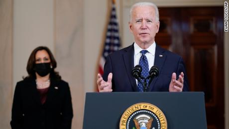 President Joe Biden, accompanied by Vice President Kamala Harris, speaks Tuesday, April 20, 2021, at the White House in Washington, after former Minneapolis police Officer Derek Chauvin was convicted of murder and manslaughter in the death of George Floyd. (AP Photo/Evan Vucci)