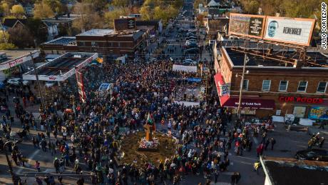 A crowd gathered at George Floyd Square on Tuesday after a guilty verdict was announced at the trial of former Minneapolis police officer Derek Chauvin.