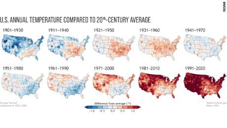 Annual U.S. temperature compared to the 20th-century average for each U.S. Climate Normals period from 1901-1930 (upper left) to 1991-2020 (lower right). Places where the normal annual temperature was 1.25 degrees or more colder than the 20th-century average are darkest blue; places where normal annual temperature was 1.25 degrees or more warmer than the 20th-century average are darkest red. Maps by NOAA Climate.gov, based on analysis by Jared Rennie, North Carolina Institute for Climate Studies/NCEI.