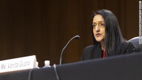 Vanita Gupta, associate attorney general nominee for U.S. President Joe Biden, speaks during a Senate Judiciary Committee confirmation hearing in March.