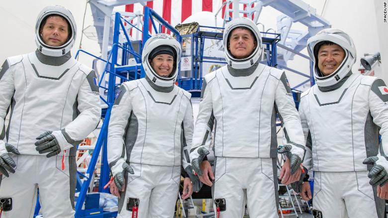 From left are mission specialist Thomas Pesquet of the European Space Agency, pilot Megan McArthur and commander Shane Kimbrough of NASA, and mission specialist Akihiko Hoshide of the Japan Aerospace Exploration Agency. 