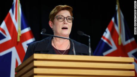 Australian Foreign Minister Marise Payne talks to media during a press conference at Parliament on April 22 in Wellington, New Zealand.