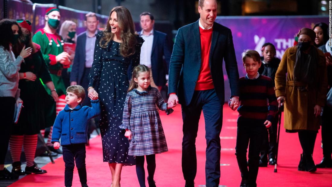 Will and Kate arrive with their three children to attend a pantomime performance of the National Lotterys Pantoland, at the London Palladium Theatre, on December 11, 2020, to thank key workers and their families for their efforts throughout the pandemic.