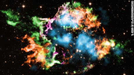 Astronomers used NASA's Chandra X-ray Observatory to study the supernova remnant Cassiopeia A and discovered titanium, shown in light blue, blasting out of it. The colors represent other elements detected, like iron (orange), oxygen (purple), silicon (red) and magnesium (green).