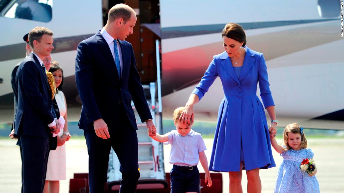 The royal family arrives at the airport in Berlin for a three-day visit in Germany in July 2017.