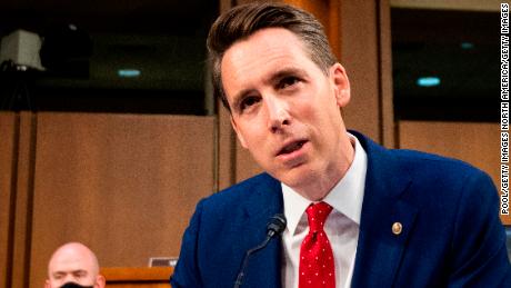 WASHINGTON, DC - APRIL 20: Sen. Josh Hawley, R-Mo., questions witnesses during the Senate Judiciary Committee hearing on Jim Crow 2021: The Latest Assault on the Right to Vote on Capitol Hill April 20, 2021 in Washington, DC. The committee is hearing testimony on voting rights in the U.S. (Photo by Bill Clark-Pool/Getty Images)