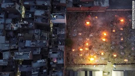 A mass cremation of victims who died due to Covid-19 is seen at a crematorium ground in New Delhi, India, on April 22.