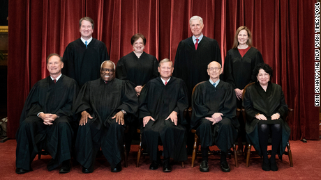 Members of the Supreme Court pose for a group photo at the Supreme Court in Washington, Friday, April 23. Seated from left are Associate Justice Samuel Alito, Associate Justice Clarence Thomas, Chief Justice John Roberts, Associate Justice Stephen Breyer and Associate Justice Sonia Sotomayor, Standing from left are Associate Justice Brett Kavanaugh, Associate Justice Elena Kagan, Associate Justice Neil Gorsuch and Associate Justice Amy Coney Barrett.