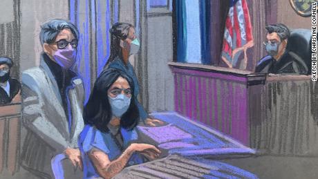 Ghislain Maxwell is pictured in a courtroom sketch as he pleaded not guilty to sex trafficking charges in April 2021.
