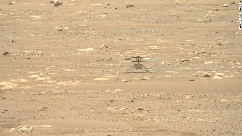This image of Ingenuity, captured by the rover&#39;s Right Mastcam-Z camera, shows the helicopter safely sitting on the surface of Mars.