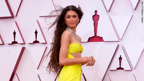 Zendaya arrives at the Oscars on Sunday, April 25, 2021, at Union Station in Los Angeles. (AP Photo/Chris Pizzello, Pool)