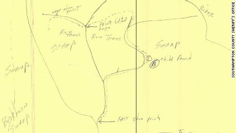 Hand-drawn map by investigators showing a trail of the shoe prints and where 19-month-old Tameka Boone was rescued in 1986. 