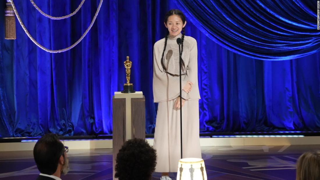 Chloé Zhao accepts the best director Oscar for &quot;Nomadland.&quot; She is the first woman of color and the first woman of Asian descent &lt;a href=&quot;https://www.cnn.com/2021/04/25/entertainment/chloe-zhao-oscar-win/index.html&quot; target=&quot;_blank&quot;&gt;to win best director.&lt;/a&gt; &quot;This is for anyone who has the faith and the courage to hold out to the goodness in themselves and to hold out to the goodness in each other, no matter how difficult it is to do that,&quot; she said in her acceptance speech. &quot;You inspire me to keep going.&quot;