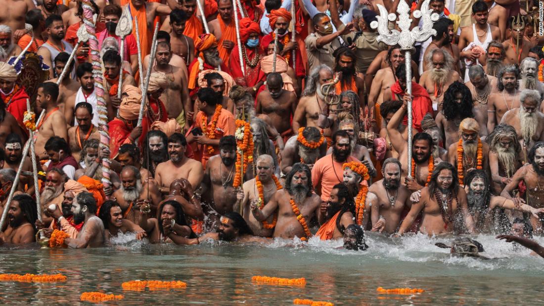 Hindu holy men wade into the Ganges River during the Kumbh Mela religious festival on April 12. People also packed the streets of Haridwar for what is the largest religious pilgrimage on Earth, and &lt;a href=&quot;https://edition.cnn.com/2021/04/12/india/india-covid-kumbh-mela-crowd-intl-hnk-scli/index.html&quot; target=&quot;_blank&quot;&gt;the massive crowds created concern.&lt;/a&gt;