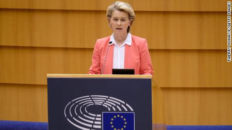 BRUSSELS, BELGIUM - APRIL 26: President of the European Commission Ursula von der Leyen delivers a speech during a session of the European Parliament on April 26, 2021 in Brussels, Belgium. EU Leaders address the Members of the European Parliament on the covid-19 situation and the sofagate crisis in Ankara. (Photo by Thierry Monasse/Getty Images)