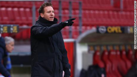 Leipzig&#39;s German headcoach Julian Nagelsmann reacts during the German first division Bundesliga football match between 1 FSV Mainz 05 and RB Leipzig in Mainz, western Germany, on January 23, 2021.