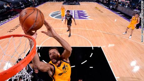 Rudy Gobert of the Utah Jazz shoots during the game against the Sacramento Kings.