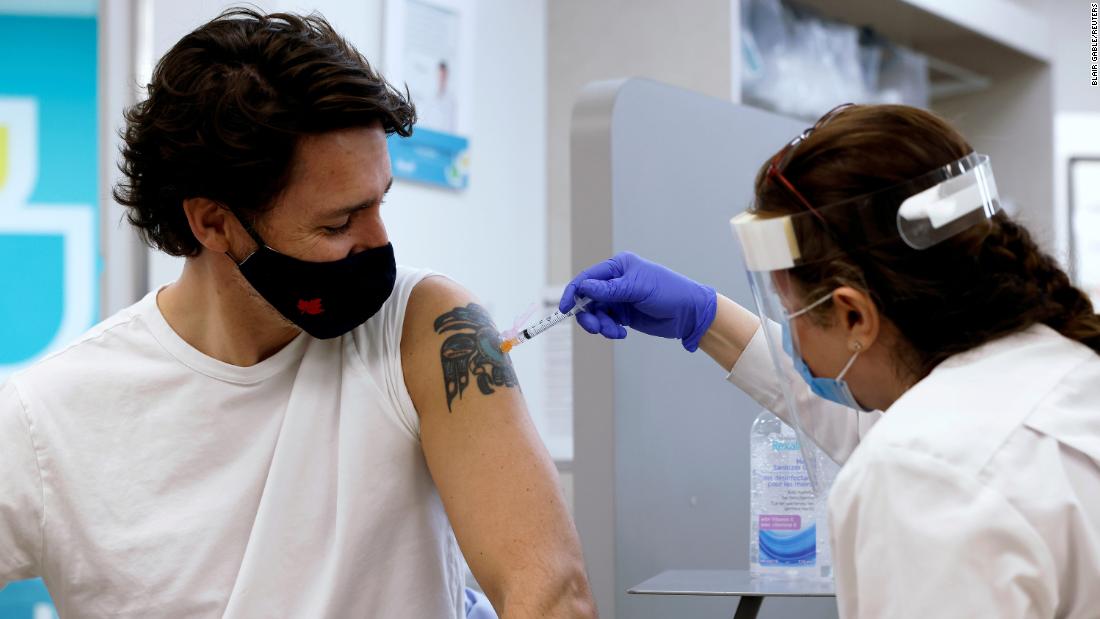 Canadian Prime Minister Justin Trudeau receives a Covid-19 vaccine at a pharmacy in Ottawa on April 23.