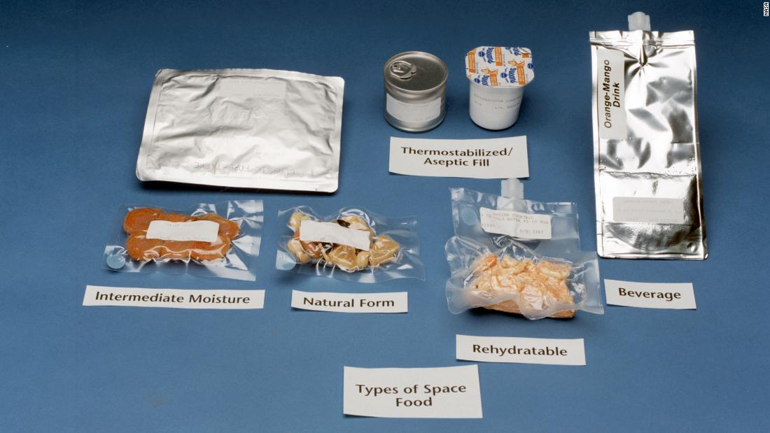 Space Shuttle astronaut diets were designed to supply each crew member with all the recommended dietary allowances of vitamins and minerals necessary to perform in the environment of space. Food shown here includes packaged orange-mango beverage and rehydratable shrimp cocktail.