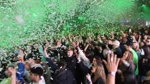 LIVERPOOL, ENGLAND - APRIL 30: Confetti is fired into the crowd as Nightclub Circus hosts the first dance event, which will welcome 6,000 clubbers to the city&#39;s Bramley-Moore Dock warehouse on April 30, 2021 in Liverpool, England. The event is part of the national Events Research Programme which will provide data on how events could be permitted to safely reopen. (Photo by Anthony Devlin/Getty Images)