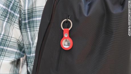 A key ring containing an AirTag attached to a book bag in Sydney, Australia. 