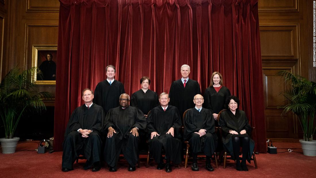 Members of the US Supreme Court &lt;a href=&quot;https://www.cnn.com/2021/04/23/politics/amy-coney-barrett-supreme-court-picture/index.html&quot; target=&quot;_blank&quot;&gt;pose for a group photo &lt;/a&gt;in Washington, DC, in April 2021. Seated from left are Samuel Alito, Clarence Thomas, Chief Justice John Roberts, Breyer and Sonia Sotomayor. Standing behind them, from left, are Brett Kavanaugh, Elena Kagan, Neil Gorsuch and newest Justice Amy Coney Barrett.