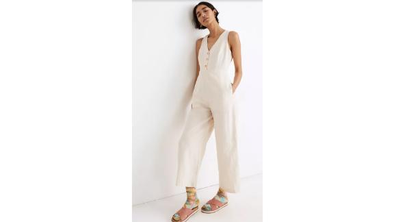 Linen-Blend Sleeveless Button-Front Jumpsuit 