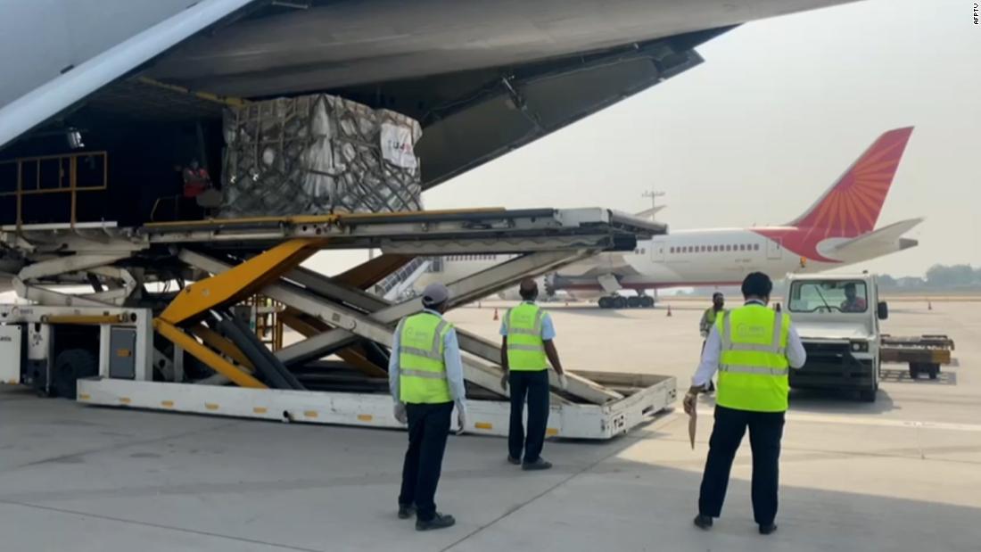 A military aircraft carrying aid supplies from the US arrives in New Delhi, India.