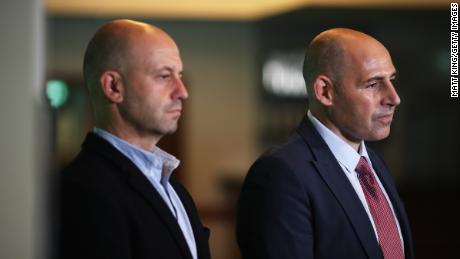 Australian Cricketers&#39; Association CEO Todd Greenberg (L) and Cricket Australia CEO Nick Hockley (R) speak to the media during a press conference at Sydney Cricket Ground on May 05, 2021 in Sydney, Australia.