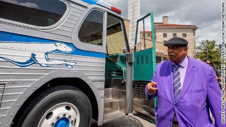 Freedom Rider Bernard Lafayette Jr. checks out the restored Greyhound bus as it is unveiled.