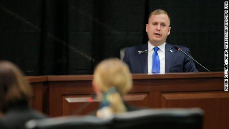 Idaho state Rep. Aaron von Ehlinger answers questions under oath during a committee hearing regarding allegations of sexual misconduct on Wednesday, April 28, 2021 in Boise.