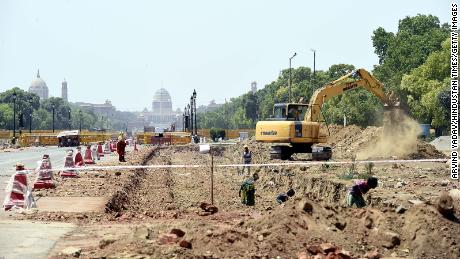 Construction work underway on the Central Vista redevelopment project at Rajpath on April 17, 2021 in New Delhi, India. 