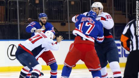 The game between the Capitals and the Rangers starts with a  brawl one second into play.